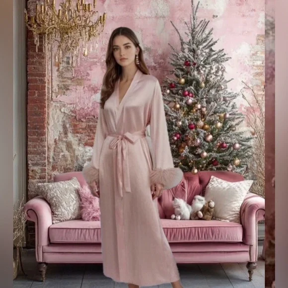 Valentines Pink Satin Smooth Belted Robe Kimono - Picture 1 of 12